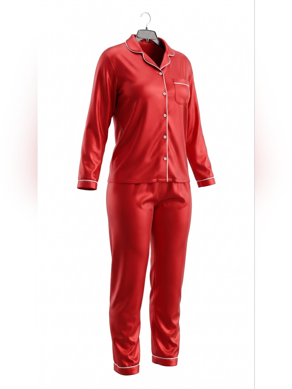 Source Unknown‎ Red Satin Pajama Set with Contrast Piping